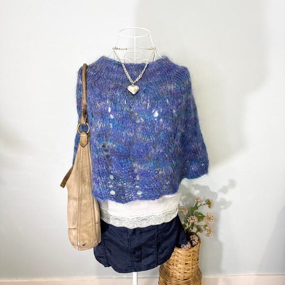 INSANE wool knit blue crochet poncho cape top- believe it’s handmade - Picture 2 of 5